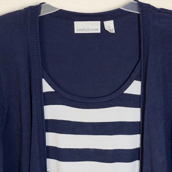 Navy & White Stripe Pullover Faux Cardigan Sweater Sz L 12-14 - Picture 5 of 12